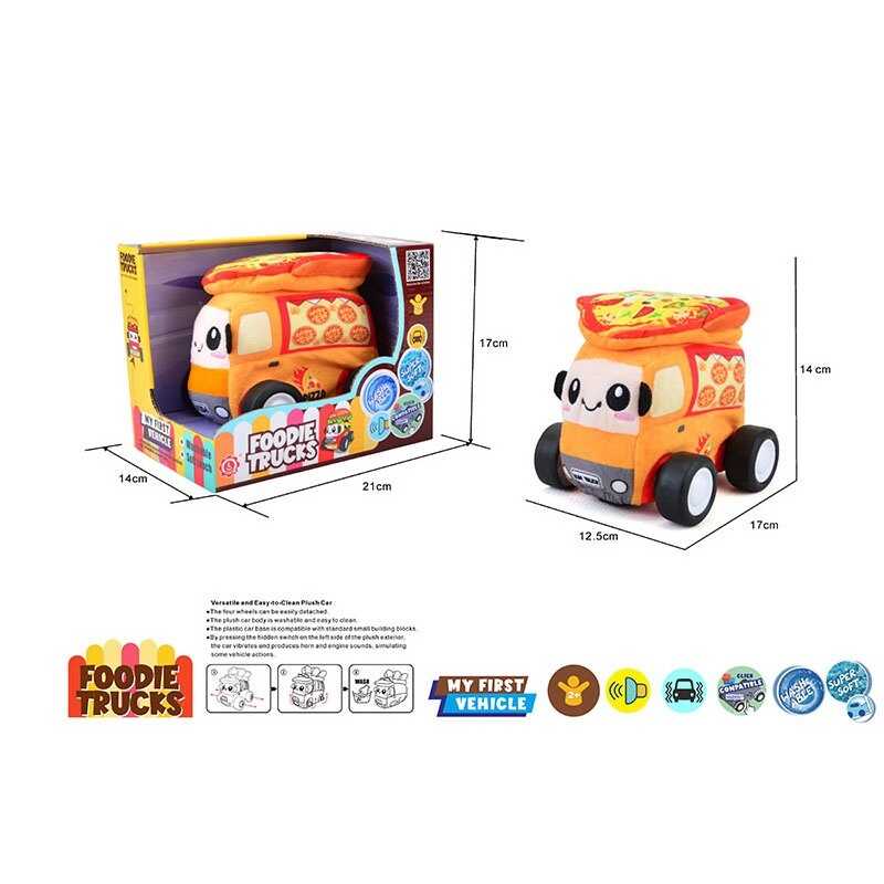 Машинка м`яка QL 8101 C-5 (48/2) “Піца”, звуки транспорту, веселі мелодії, вібрація, знімний чохол, гумові шини, на батарейках, в коробці