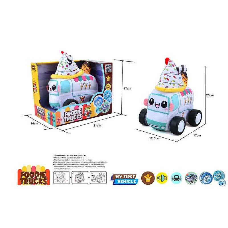 Машинка м`яка QL 8102 C-5 (48/2) "Фургон з морозивом", звуки транспорту, веселі мелодії, вібрація, знімний чохол, гумові шини, на батарейках, в коробці