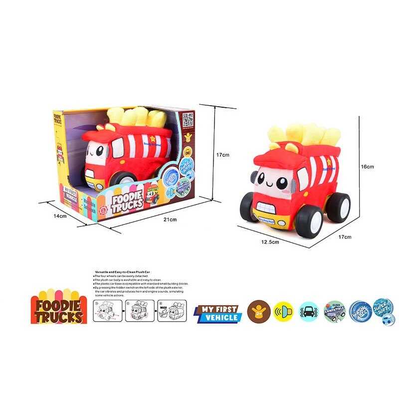 Машинка м`яка QL 8106 C-5 (48/2) “Картопля фрі”, звуки транспорту, веселі мелодії, вібрація, знімний чохол, гумові шини, на батарейках, в коробці