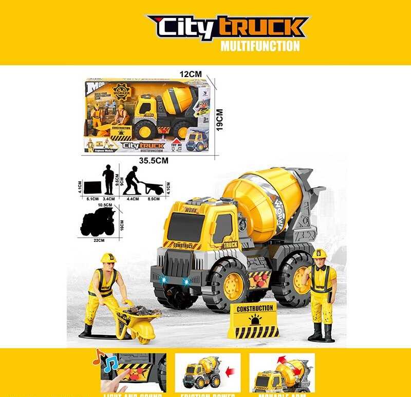 Спецтехніка 1189-103 C (24/2) "Бетонозмішувач", масштаб: 1:16, підсвічування, звуки, інерція, 2 фігурки будівельників, тачка, в коробці