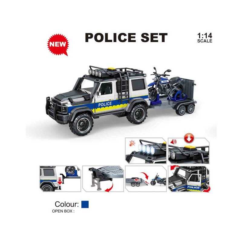 Джип 666-38 Q (24) “Поліція”, на батарейках, масштаб 1:14, підсвічування, звуки, інерція, гумові шини,причіп, мотоцикл,відчиняються дверцята,в коробці