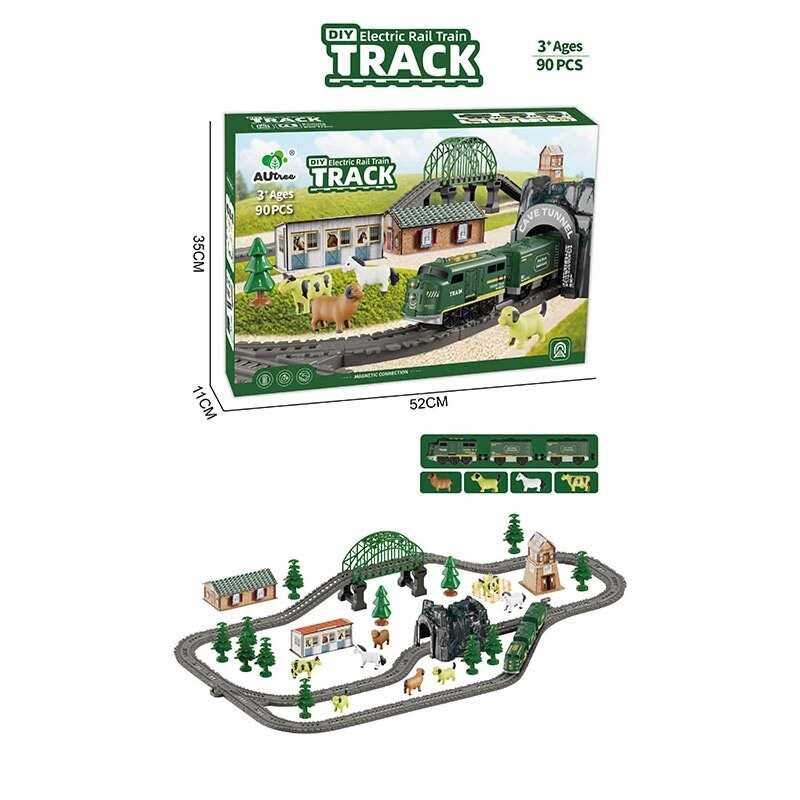 Залізниця AU 8663 (18) 90 елементів, 3 вагони, звуки, підсвічування, автоматичний рух, на батарейках, декорації, 8 тваринок, в коробці