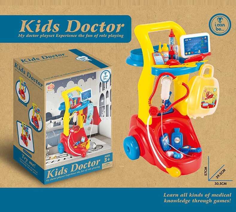 Набір лікаря KJ 1936 A-2 (12/2) висота візочка 57 см, стетоскоп, крапельниця, шприц, ножиці, мікроскоп, екранчик з кардіограмою, посуд, в коробці