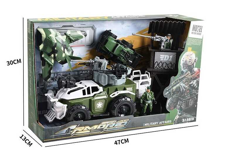 Набір військової техніки 9-1 (16) велика машина зі зброєю, машина з інерцією, безпілотник, оглядова вежа, фігурки  з рухомими кінцівками, в коробці