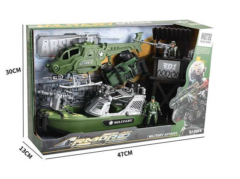 Набір військової техніки 9-2 (16)  гелікоптер, машина з інерцією, зброя, оглядова вежа, фігурки з рухомими кінцівками, в коробці