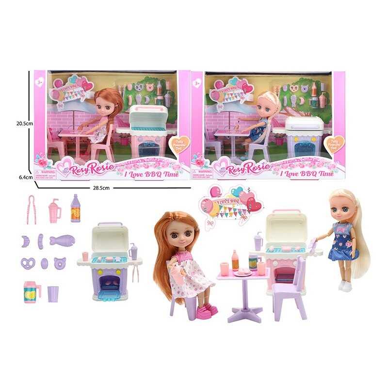 Лялька RR 019 (48/2) 2 види, висота: 16 см, шарнірні з’єднання,  імітація скляних очей, знімний одяг та взуття, барбекю, 2 стільчики, стіл, в коробці