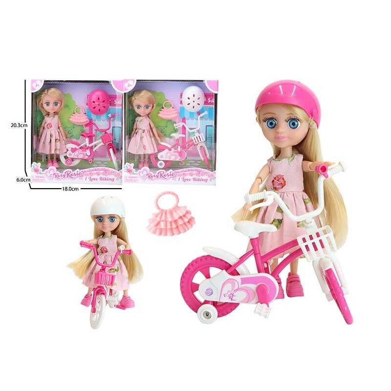 Лялька RR 032 (96/2) 2 види, висота: 16 см, шарнірні з’єднання, імітація скляних очей, знімний одяг та взуття, велосипед, шолом, сумочка, в коробці