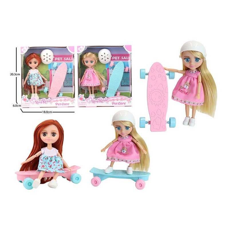 Лялька RR 034 (96/2) 2 види, висота: 16 см, шарнірні з’єднання, імітація скляних очей, знімний одяг та взуття, шолом, скейт, в коробці