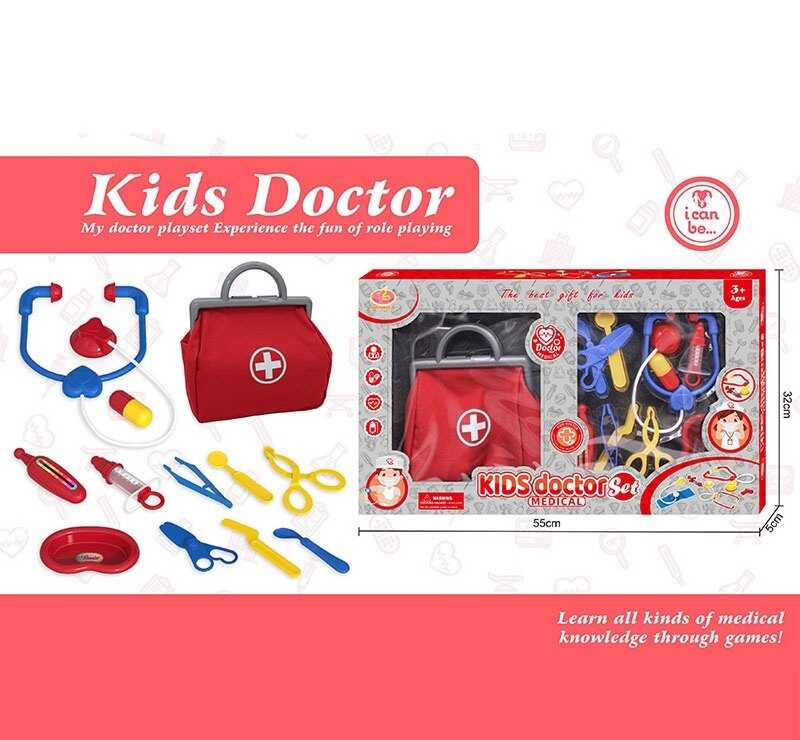 Набір лікаря KJ 1927 A-5 (36/2) стетоскоп, термометр, шприц, пінцет, ножиці, хірургічний ніж, таця, пігулка, сумка, в коробці