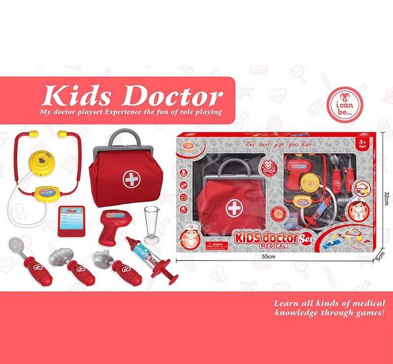 Набір лікаря KJ 1927 A-7 (36/2) стетоскоп, термометр, шприц, отоскоп, оглядове дзеркало, молоточок, бейдж, мензурка, сумка, в коробці