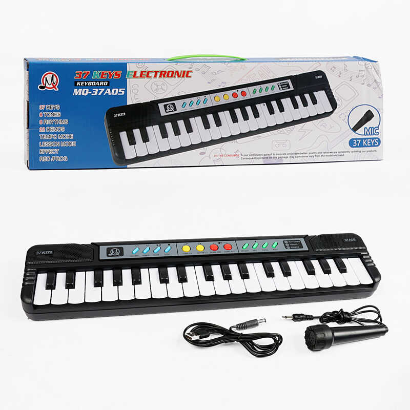 Синтезатор MQ 37 A05 Штрихкод=93495 (48/2) 37 клавіш, мікрофон, мелодії, запис та відтворення звуків,працює від мережі та батарейок,барабани,в коробці