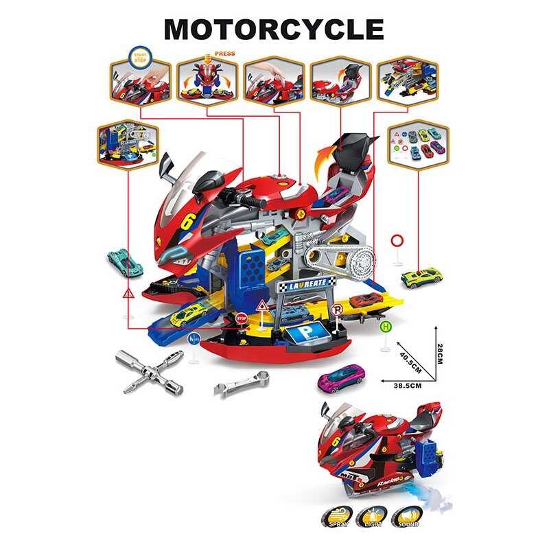Парковка  A 003-2 (8/2) довжина 40 см, світло, звук, пара, механічний запускач, розкладається, розбирається, 6 металопластик. машин, в коробці