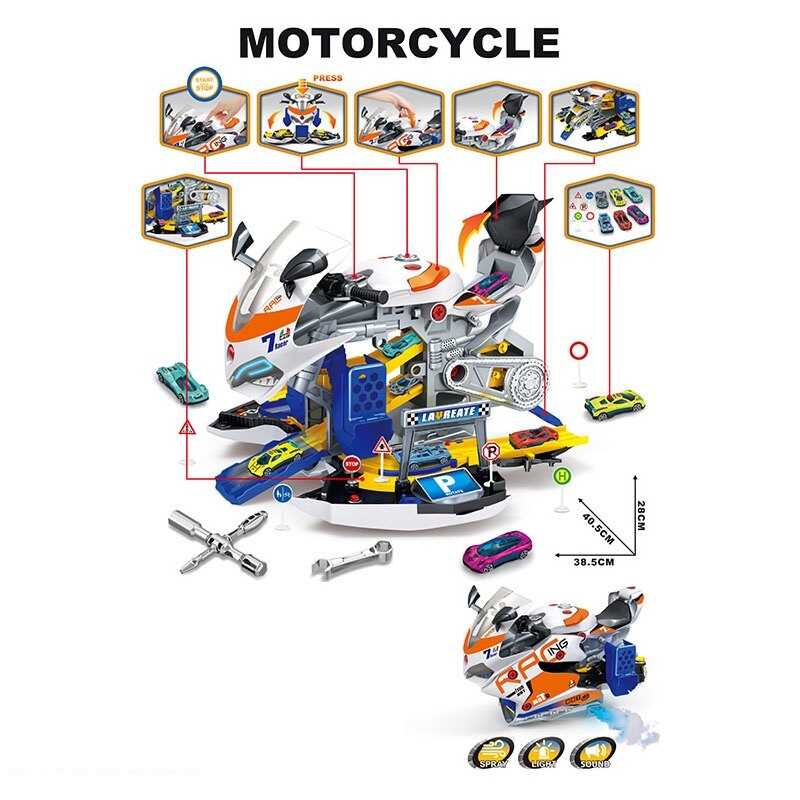 Парковка  A 003-3 (8/2) довжина 40 см, світло, звук, пара, механічний запускач, розкладається, розбирається, 6 металопластик. машин, в коробці