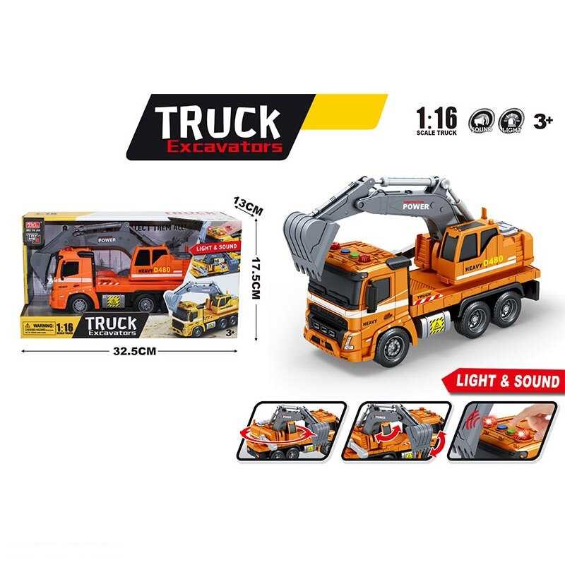 Спецтехніка A 1110-14 (36/2) “Екскаватор”, довжина 25 см, світло, звук, інерція, масштаб 1:16, платформа оберт., рухомий кран, гумові шини, в коробці