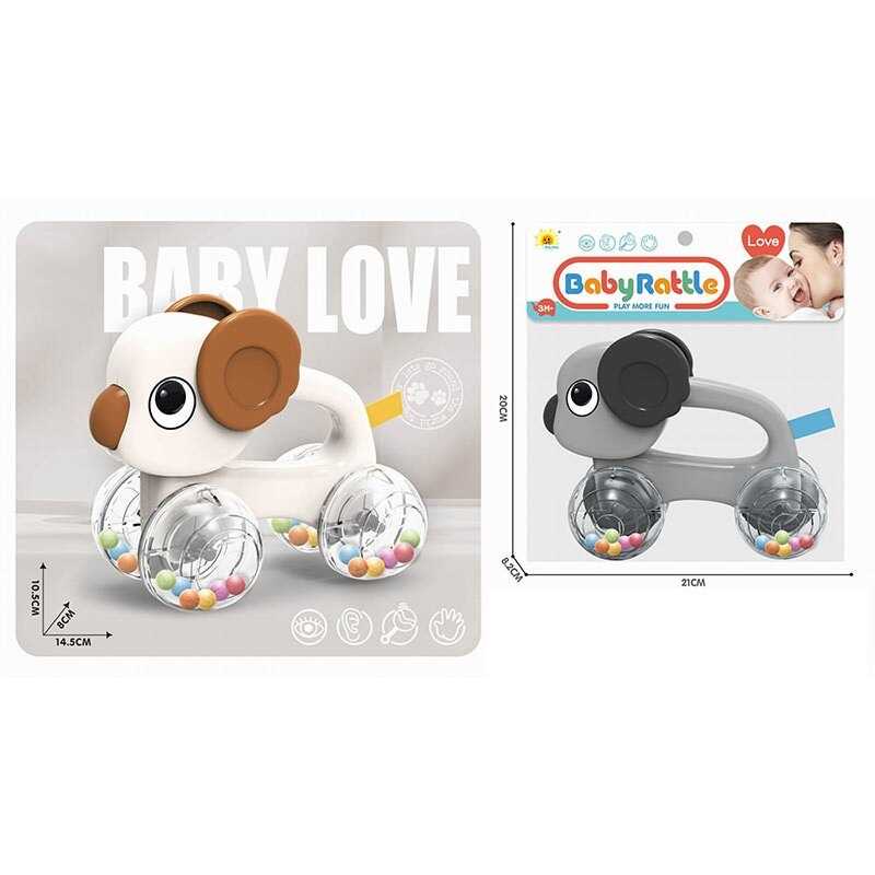 Каталка 2859-4 (192/2) 2 кольори, довжина 14.5 см, брязкальце: прозорі колеса з кульками, ручка для тримання, в пакеті