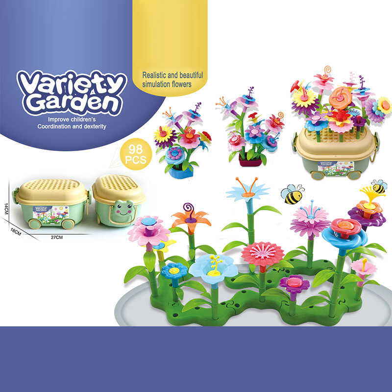 Конструктор B 6969-6 (36/2) “Квітковий сад”, 98 елементів, 2 вазончики, звивиста зелена основа, квіти, листочки зі стеблами, в боксі 