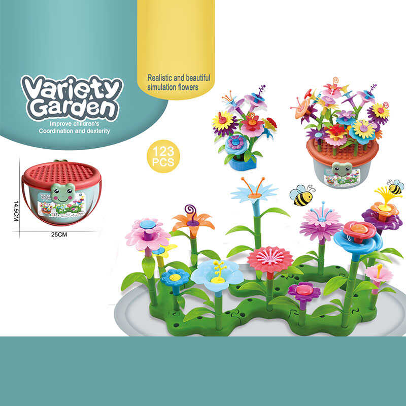 Конструктор B 6969-9 (36/2) “Квітковий сад”, 123 елементи, вазончик, звивиста зелена основа, квіти, листочки зі стеблами, в боксі 