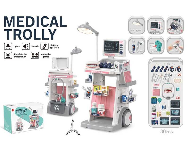 Набір стоматолога 660-97 (12) розмір:  33х30,5х68,5 см, 30 елементів, термометр, безтіньова лампа, підсвічування, звук, медичні інструменти, в коробці