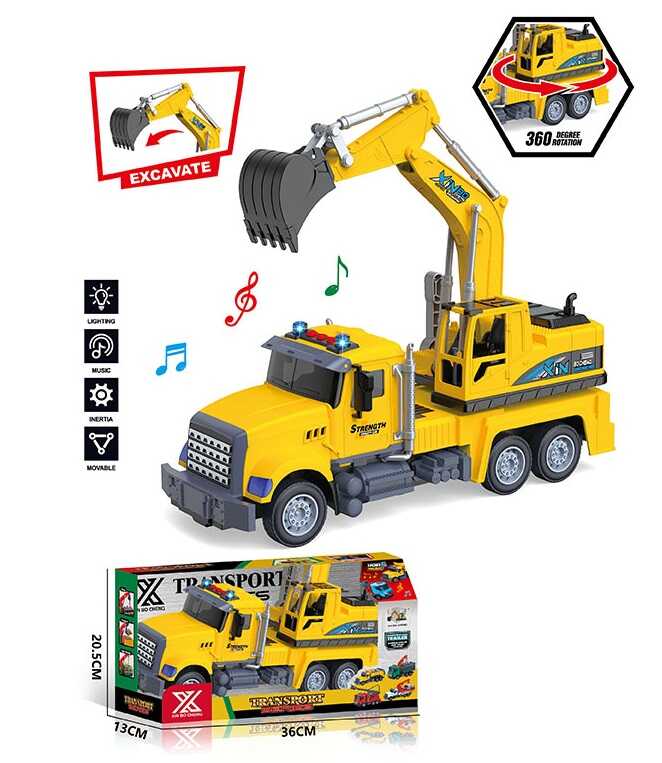 Спецтехніка 688-2 A (24) “Екскаватор”, довжина 32 см, підсвічування, звукові ефекти, інерція, гумові колеса, платформа обертається на 360°, механічне підіймання ковша, в коробці