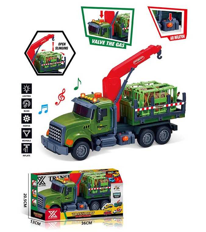 Спецтехніка 688-6 A (24) “Вантажівка з краном”, довжина 33 см, світло, звук, інерція, гумові колеса, висувна стріла, 2 тварини, 2 клітки, в коробці