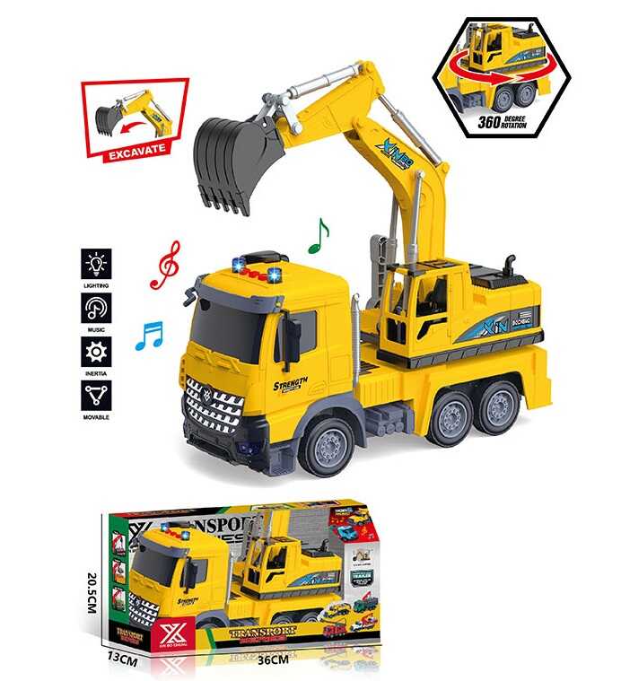 Спецтехніка 688-6 B (24) “Екскаватор”, довжина 27 см, підсвічування, звукові ефекти, інерція, гумові колеса, платформа обертається на 360°, механічне підіймання ковша, в коробці