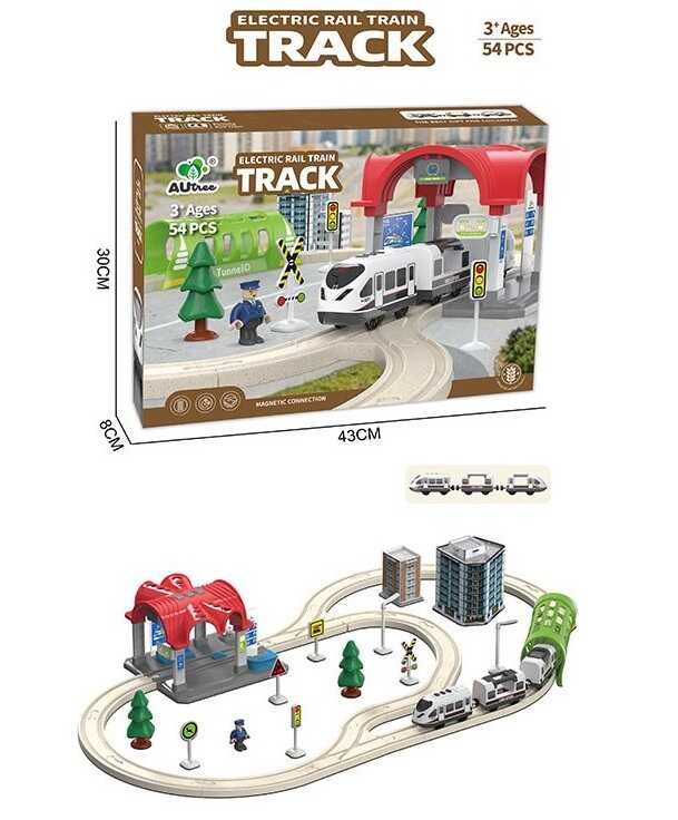 Залізниця AU 5667 (24) 63 елементи, 2 локомотиви, вагон, довжина потяга: 32 см, підсвічування, звуки, станція, тунель, елементи колії, аксесуари, в коробці