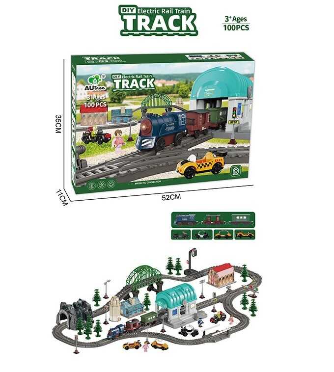 Залізниця AU 8665 (18) 108 елементів, підсвічування, звуки транспорту, автоматичний рух потяга, станція, магнітне з