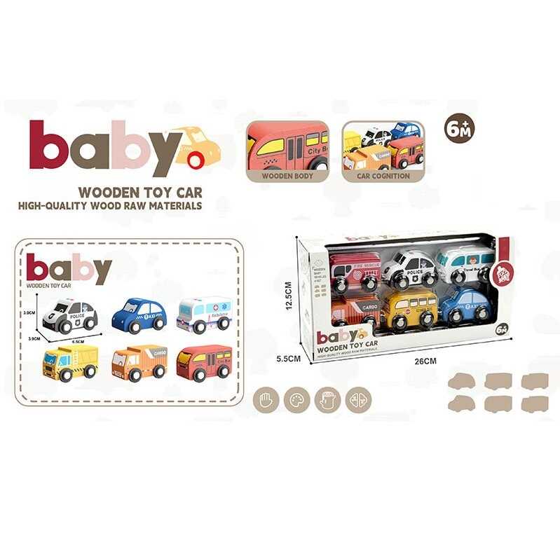 Набір машин YE 032 (36) 6 штук, дерево, середня довжина 6 см, закруглені краї, в коробці