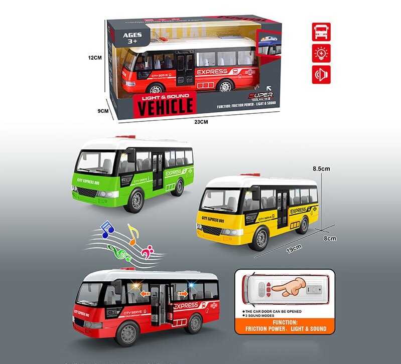 Автобус YM 9907 B (84/2)  розмір: 19х8х8.5 см, підсвічування, звуки та мелодії, інерція, відчиняються двері, гумові колеса, в коробці