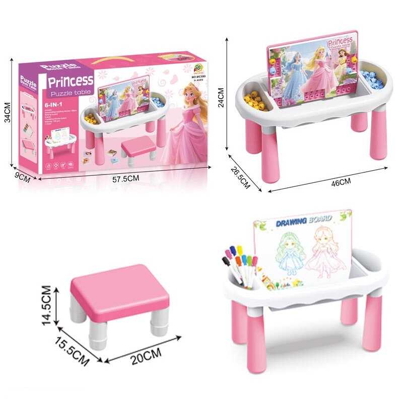 Столик з конструктором MC 590 (18) 6в1, конструктор на 100 елементів, стільчик, дошка, 8 маркерів, пазл на 48 елементів, в коробці