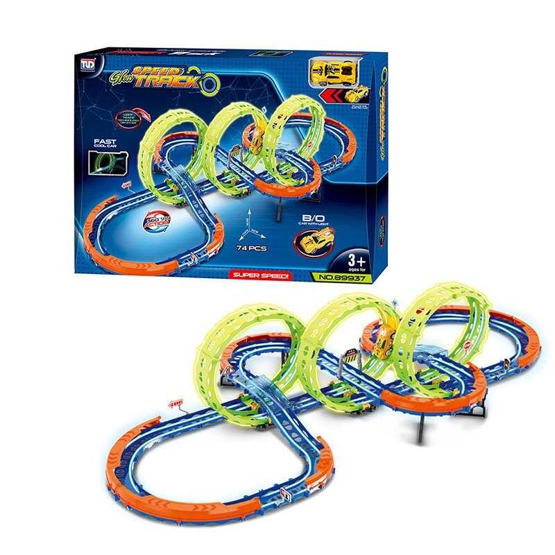 Трек 89937 (12) 74 елементи, машинка на батарейках, підсвічування, світиться у темряві, трюки, муляжі оточення, в коробці