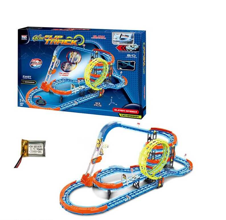 Трек 89991 (12) 93 елементи, машинка на акумуляторі 3.7V, підсвічування, світиться у темряві, трюки, муляжі оточення, в коробці