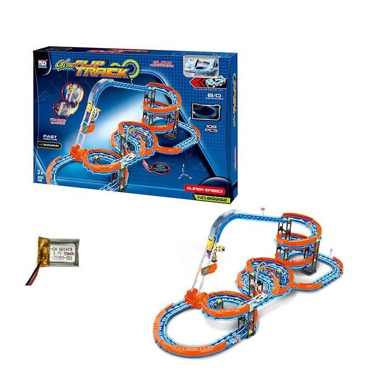 Трек 89992 (12) 108 елементів, машинка на акумуляторі 3.7V, підсвічування, світиться у темряві, трюки, муляжі оточення, в коробці