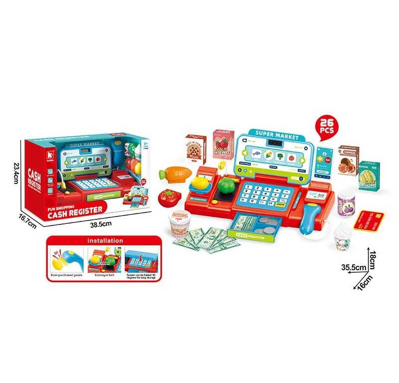 Касовий апарат G 270 AA (15) 26 елементів, озвучування англійською, сканер визначає вартість, автоматичний калькулятор, мікрофон, стрічка рухається, мелодії, каса відкривається, регулювання гучності, ваги з рухомою стрілкою, продукти, карта, в коробці