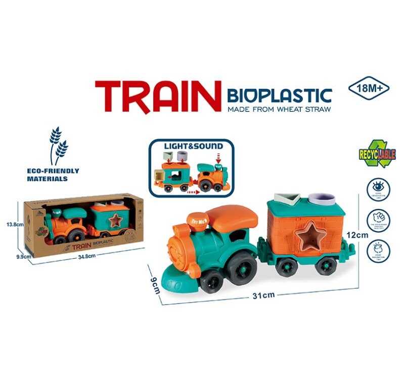 Потяг 933-801 AM (48/2) локомотив, 1 вагон, підсвічування, звуки, на батарейках, геометричний сортер, біопластик, в коробці