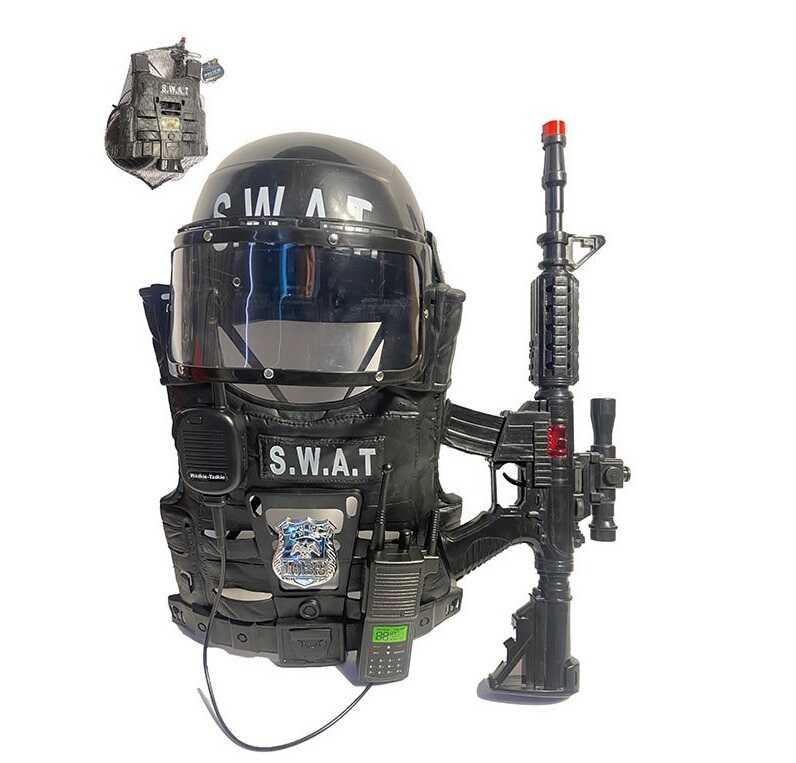 Поліцейський набір YL-6 (36) автомат з тріскачкою, довжина 47 см, шолом з візором, жилет, рація, 2 гранати, бінокль, в сітці