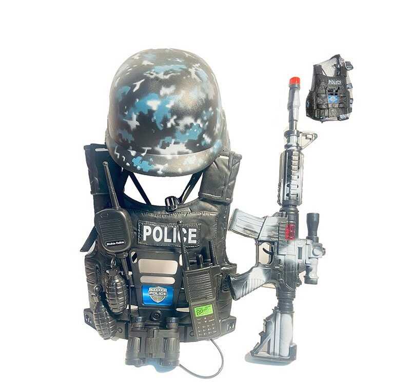 Поліцейський набір YL-7 (36) автомат з тріскачкою, довжина 47 см, шолом, жилет, рація, 2 гранати, бінокль, в сітці