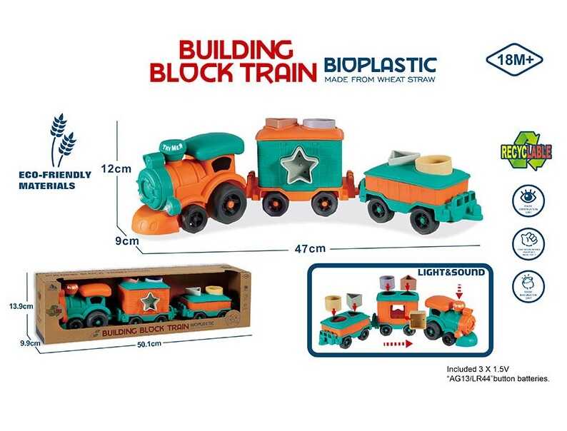 Потяг 933-831 AM (40/2) локомотив, 2 вагони, звуки, підсвічування, геометричний сортер, біопластик, в коробці
