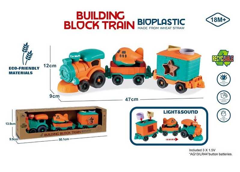 Потяг 933-832 AM (40/2) локомотив, 2 вагони, звуки, підсвічування, геометричний сортер, біопластик, в коробці