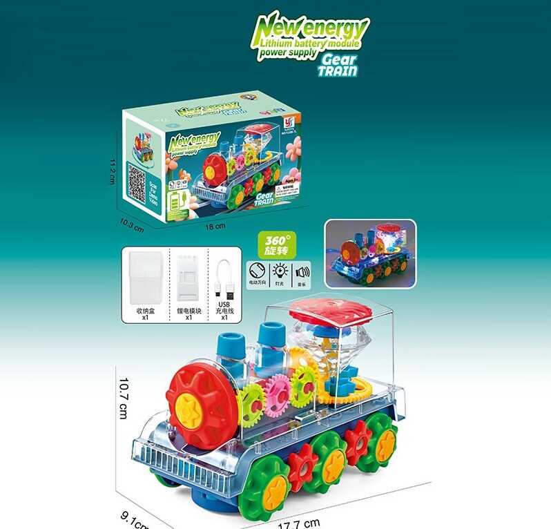 Потяг музичний YJ 388-7 L (72/2) 17,5х9х10,5 см, прозорий корпус, колесо вільного ходу, рухомі елементи, підсвічування, акум. 3.7V, USB Type-C кабель, 2 режими роботи, музика, в коробці