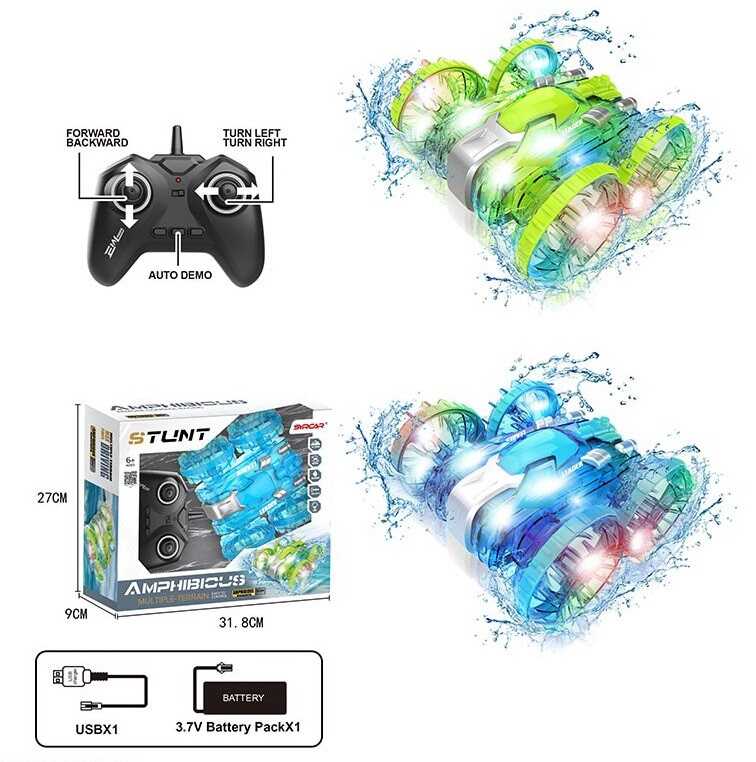 Машина на радіокеруванні 666-802 DA (36) 2 види, амфібія, розмір:14х16х7.5 см, акум.: 3.7 V, пульт: 2.4 GHz, оберт: 360°, підсвіч., в коробці, МІКС