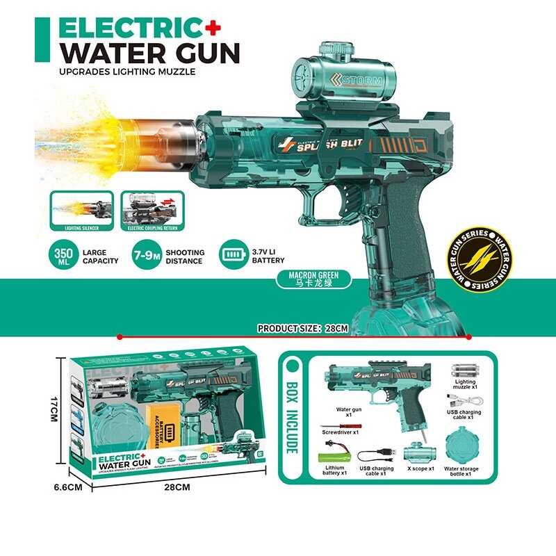 Водний пістолет KB 1508 Штрих=93867 (48)  розмір: 28х5х24 см, акумулятор: 3.7 V, USB, підсвічування, резервуар для води: 350 мл, дальність стрільби: 7–9 м, в коробці