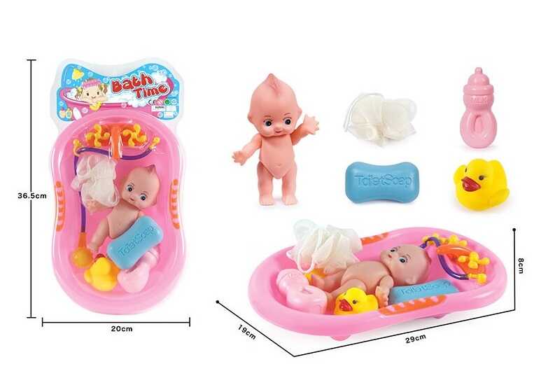 Пупс з ванночкою 916-27 B (96) висота: 15 см, гумовий, розмір ванночки: 29х19х6 см, гумка для душу, пляшечка та мило, гумове каченя з пискавкою, на листі 