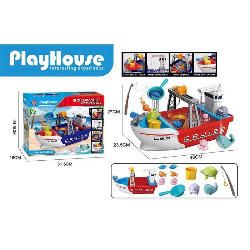 Риболовля BQ 988 E (24/2) човен, автоматична подача води, на батарейках, механічний гачок, рибки, вудочка, посуд, в коробці