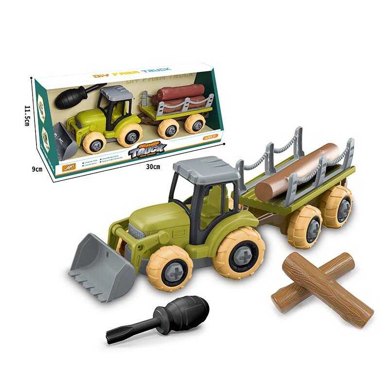 Трактор 8801 (72/2) з причепом, рухомі елементи, конструктор, викрутка, 3 колоди, в коробці