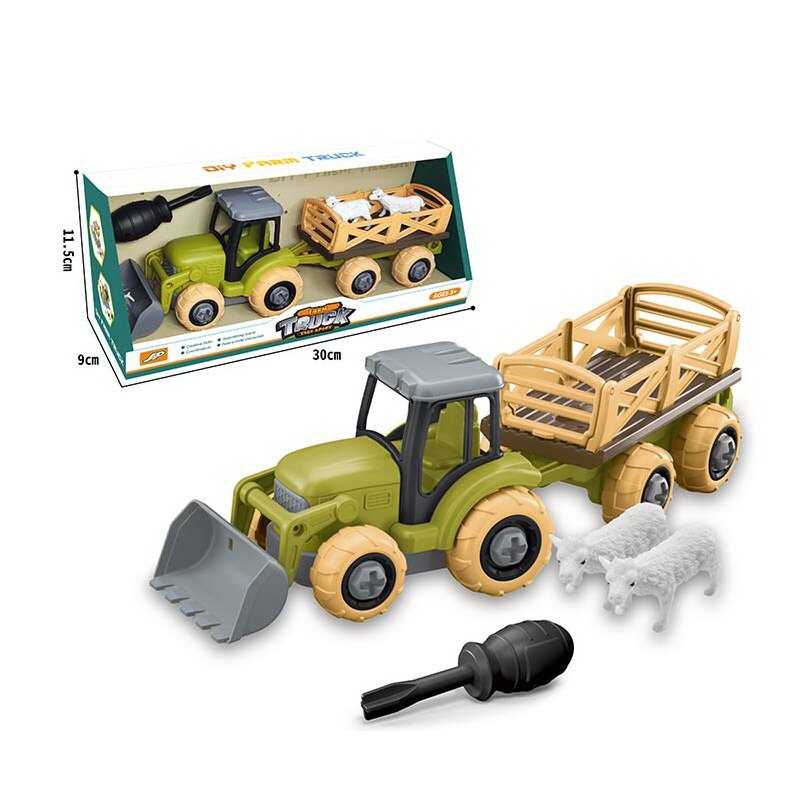 Трактор 8802 (72/2) з причепом, рухомі елементи, конструктор, викрутка, 2 фігурки тваринок, в коробці