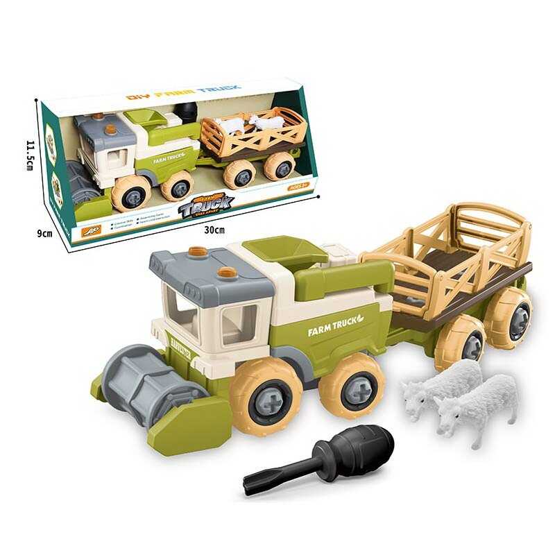 Комбайн 8812 (72/2) з причепом, рухомі елементи, конструктор, викрутка, 2 фігурки тваринок, в коробці