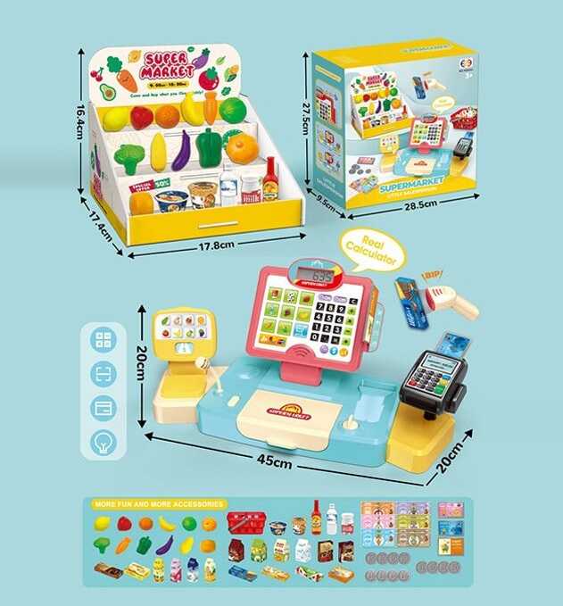 Супермаркет HS 6633 (12)  розмір: 20х45х20 см, касовий апарат, калькулятор, сканер, звук, підсвічування, продукти, продуктовий кошик, гроші, в коробці