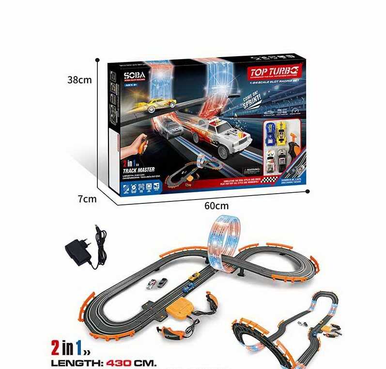Трек A 65-2 A (8/2) підсвічування, механічне табло, довжина треку 430 см, 2 машинки, 2 джойстики, від батарейок/мережі, масштаб 1:64, в коробці