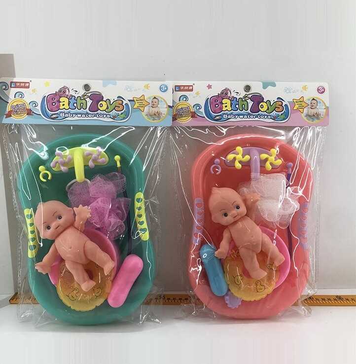 Пупс з ванною 308 B 87 A (96/2) 2 види,  висота: 15 см, гумовий, розмір ванночки: 29х19х6 см, гумка для душу мило, гумове коло, горщик, в пакеті
